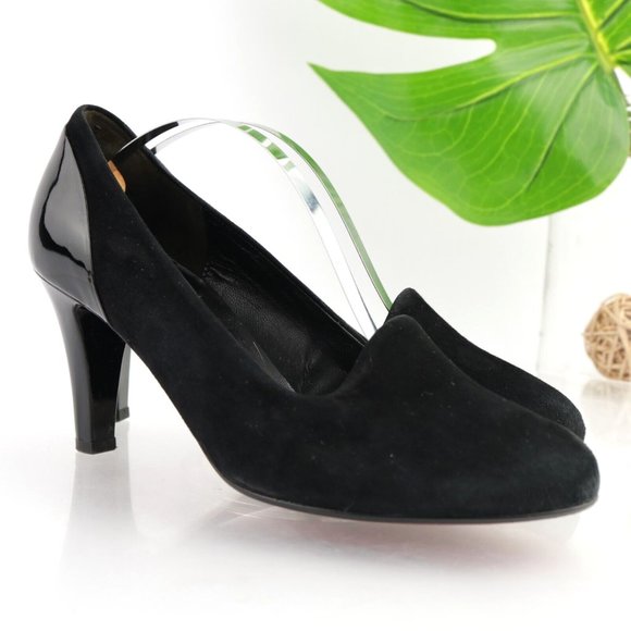 Gabor Women's Vision Pump Size 7.5 Mid Heel Black Suede Patent Slip On Shoe - Picture 1 of 13